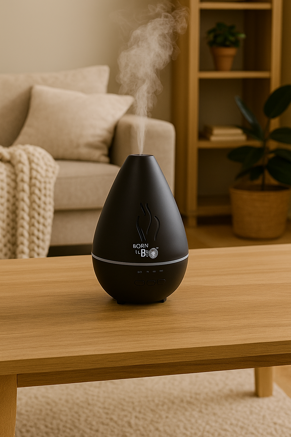 Idées cadeaux bien-être pour femme ou collègue – diffuseur d'huiles essentielles noir mat dans un salon cosy et moderne